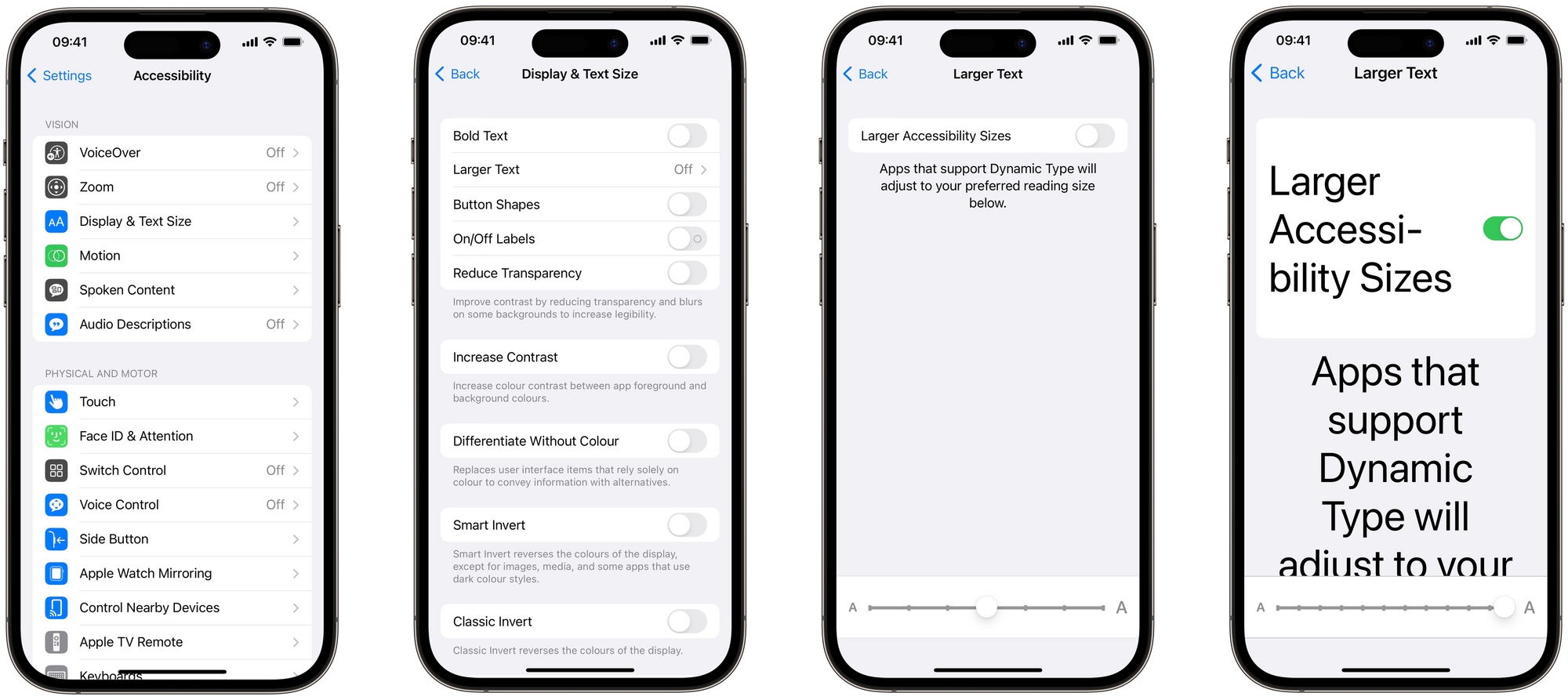 Telas de configurações de acessibilidade em smartphone mostrando ajustes de visualização e tamanho de texto.