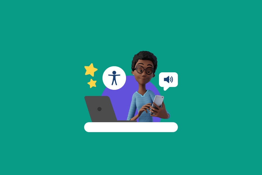 Ilustração de pessoa usando celular e computador com símbolos de acessibilidade e áudio.