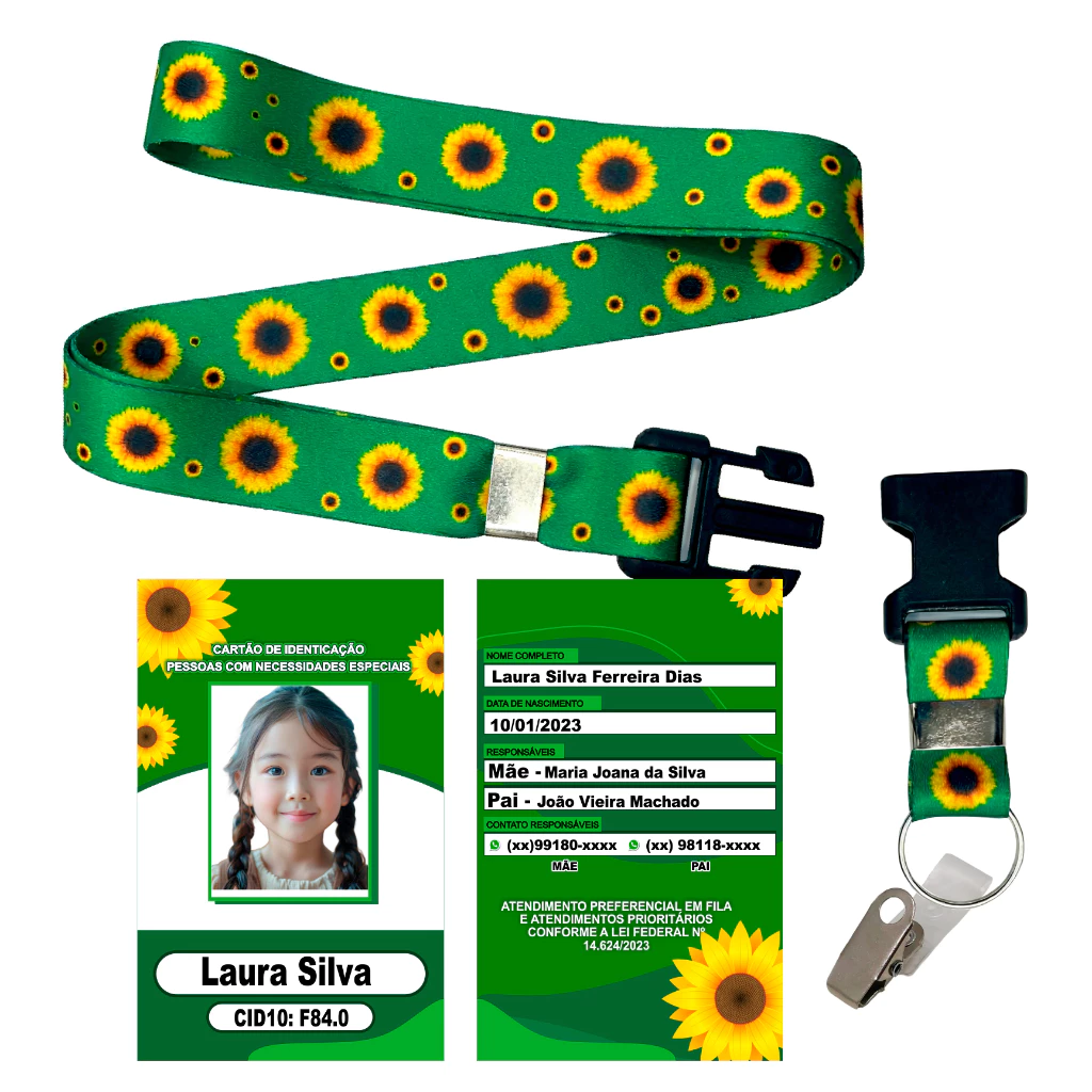 Imagem de um cordão verde com desenhos de girassóis e cartão de identificação.